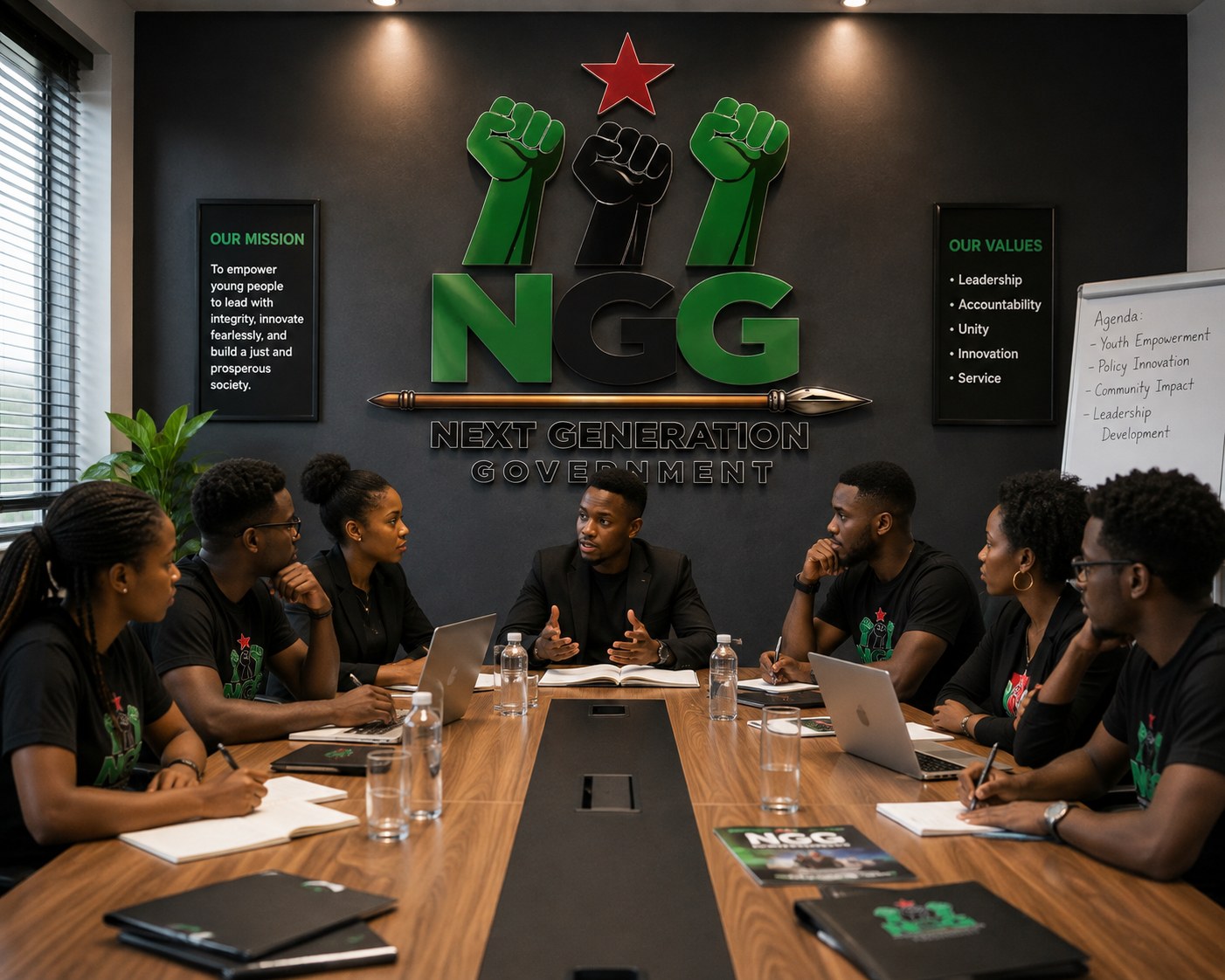 NGG leadership team in a strategy meeting beneath the NGG emblem, discussing youth empowerment, policy innovation and community impact